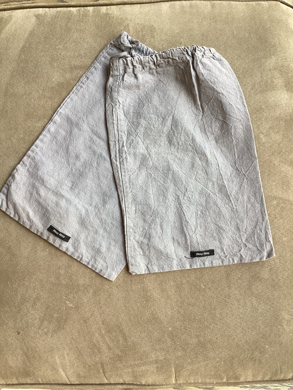 Miu Miu Light Gray Fabric Shoe Bags with Black Logo Tag
